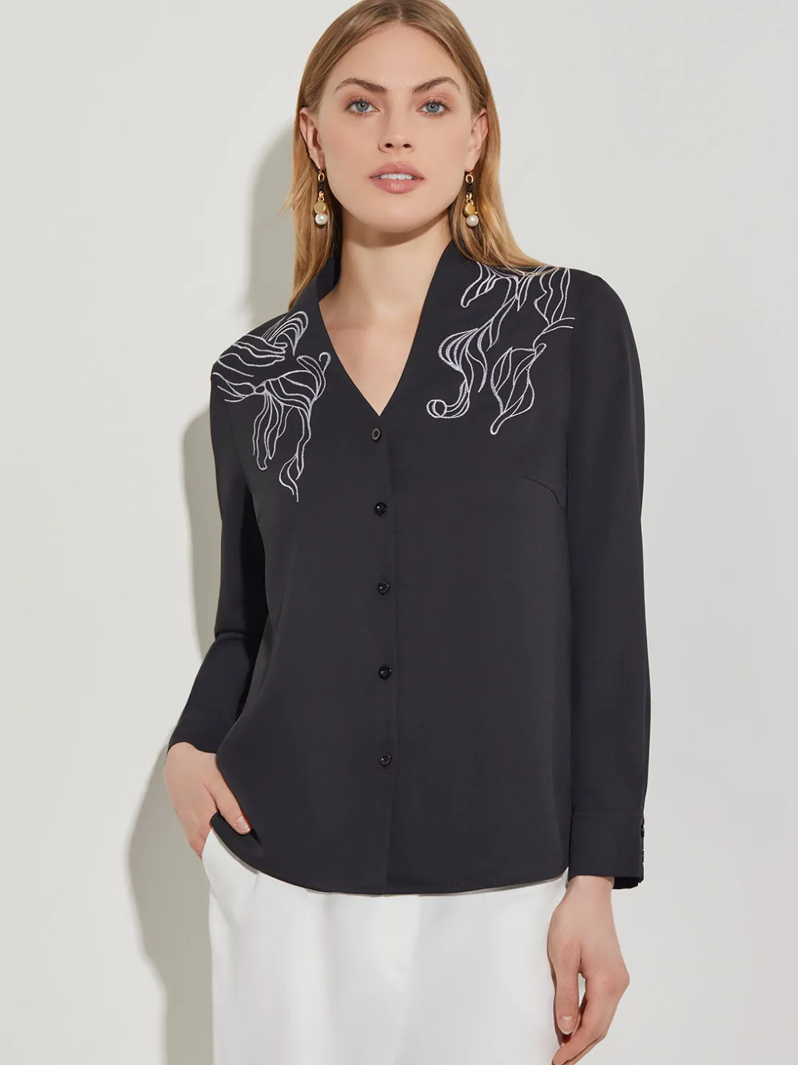 Misook Abstract Stitch Embroidered Button-Front Crepe Blouse* Blouses & Shirts | Tops & Tees