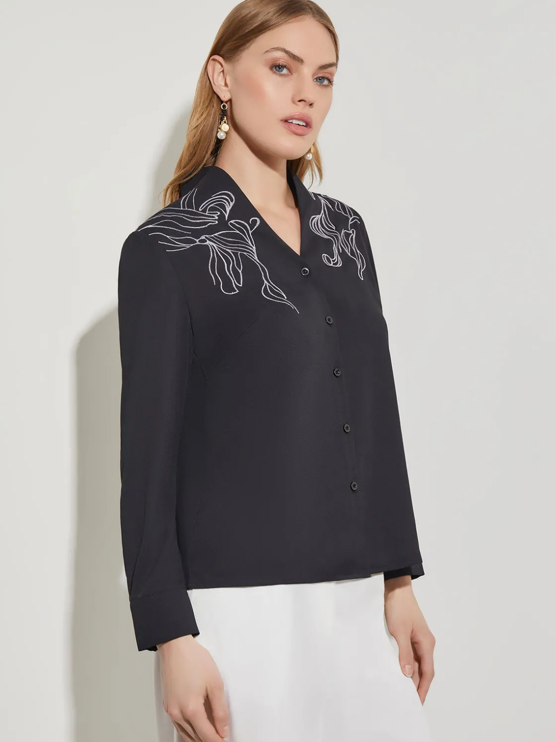 Misook Abstract Stitch Embroidered Button-Front Crepe Blouse* Blouses & Shirts | Tops & Tees