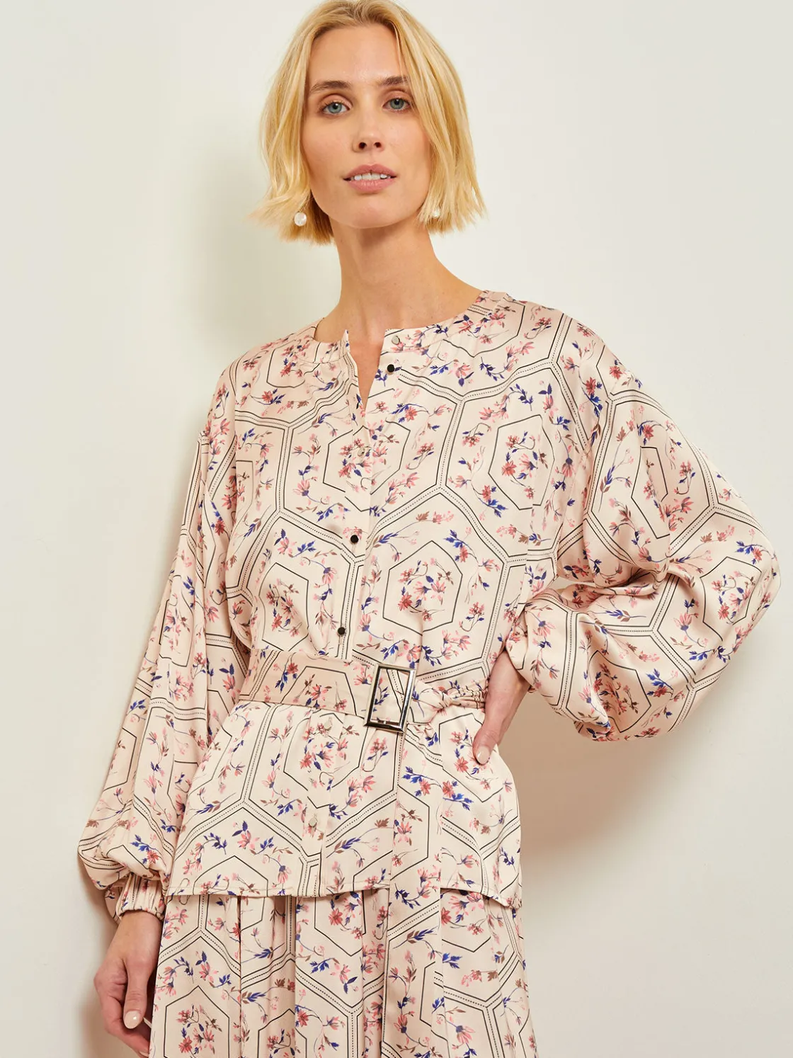 Misook Balloon Sleeve Belted Blouse - Floral Print Crepe de Chine* Blouses & Shirts | Tops & Tees