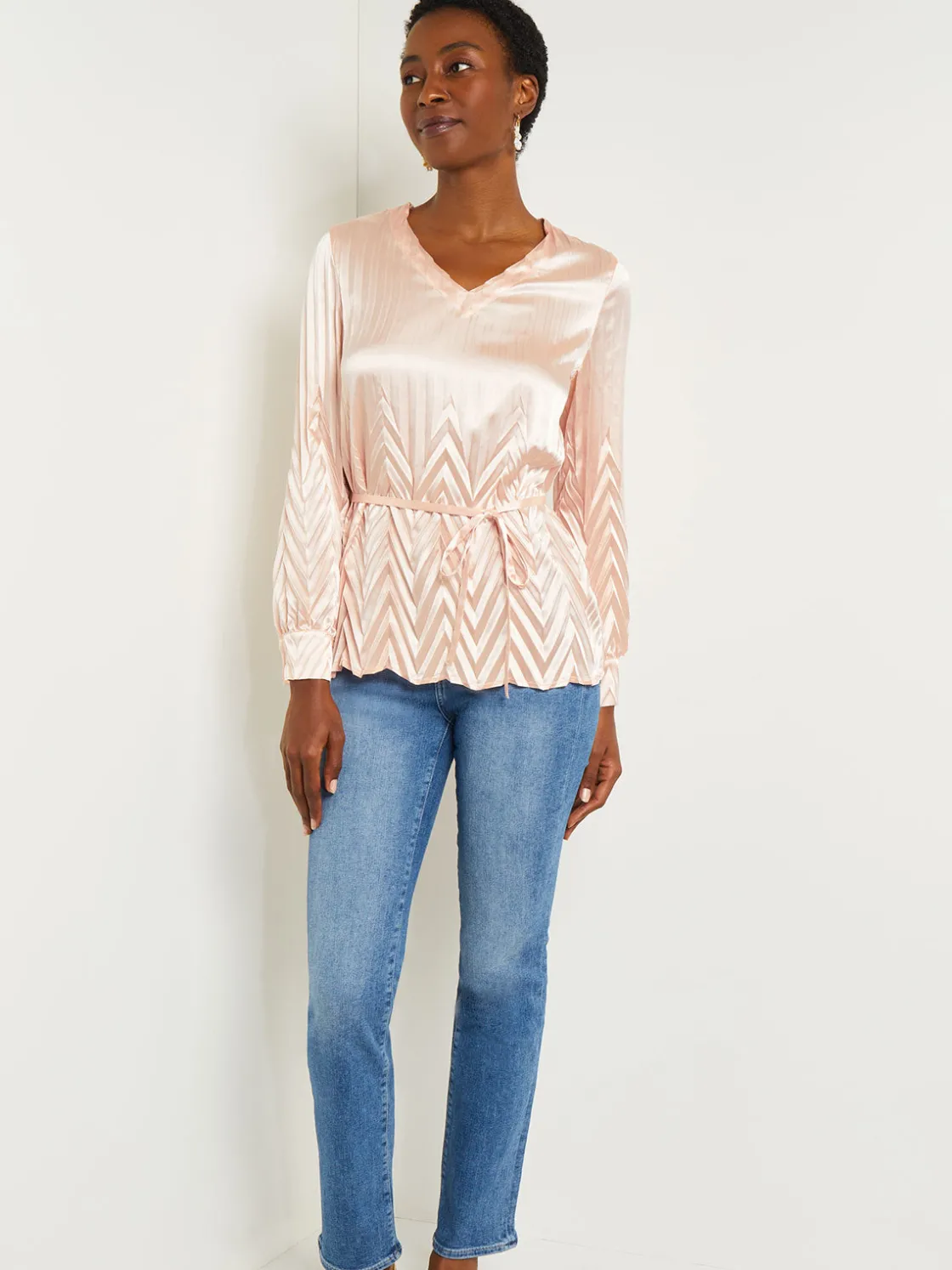 Misook Belted Blouse - Chevron Textured Crepe de Chine* Blouses & Shirts | Tops & Tees