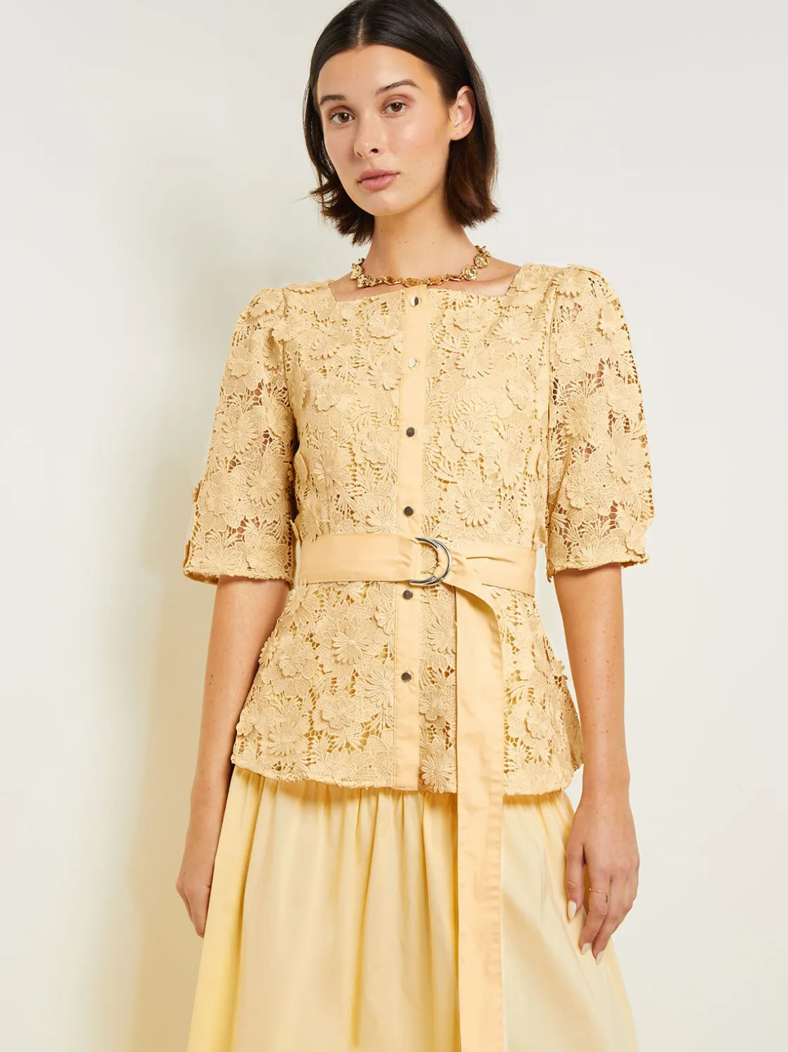 Misook Belted Button Front Blouse - Floral Applique Woven* Blouses & Shirts | Tops & Tees