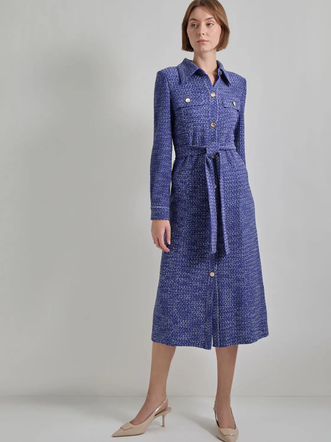 Misook Belted Button Front Tweed Knit Midi Dress* Dresses