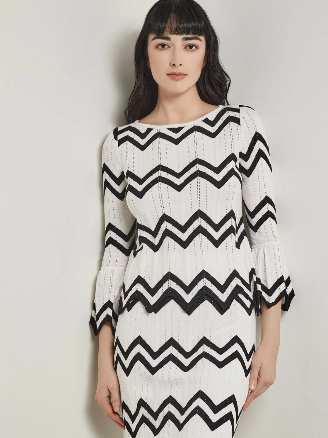 Misook Boat Neck Tunic - Contrast Chevron Pointelle Soft Knit* Tops & Tees