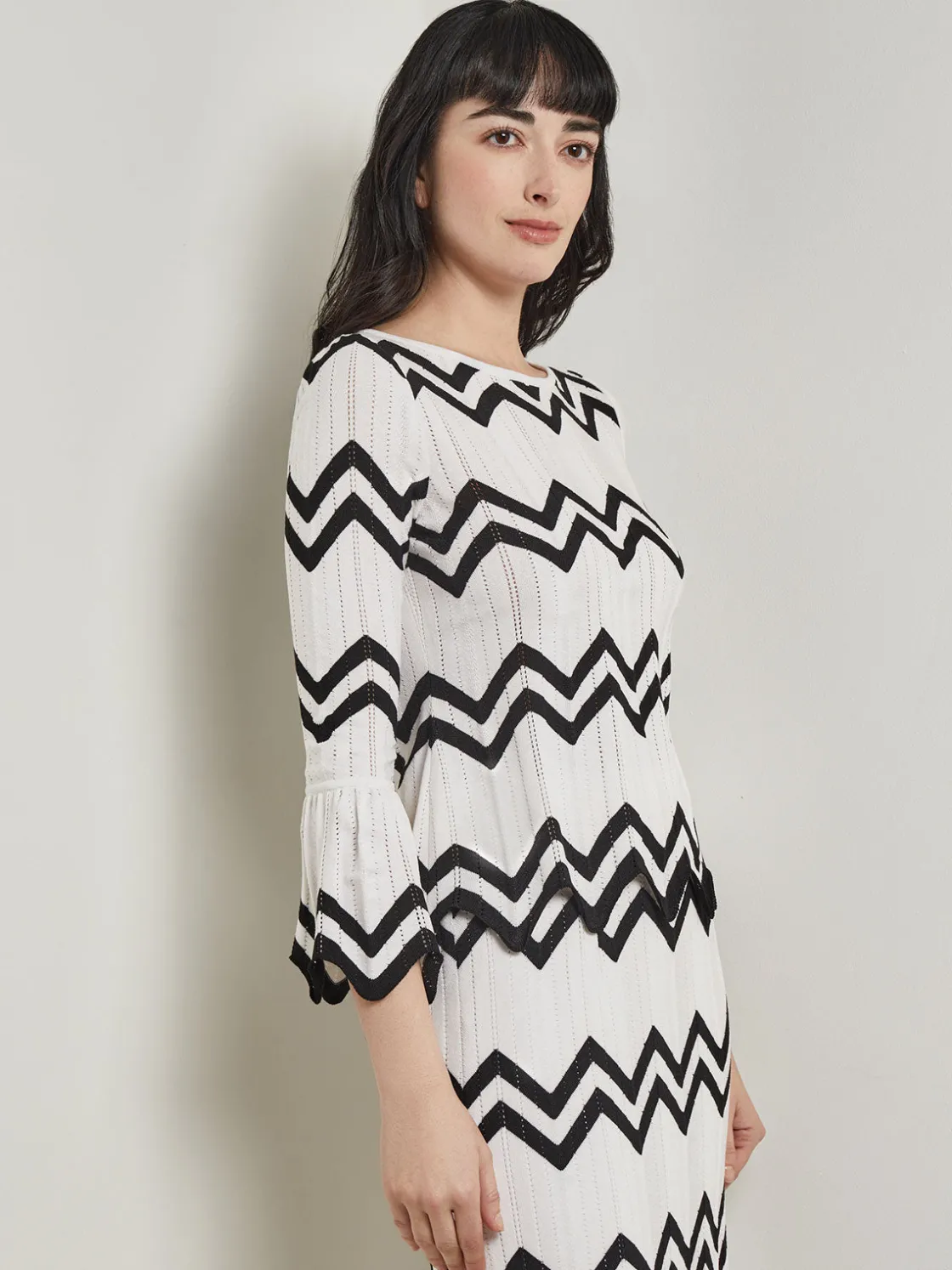 Misook Boat Neck Tunic - Contrast Chevron Pointelle Soft Knit* Tops & Tees