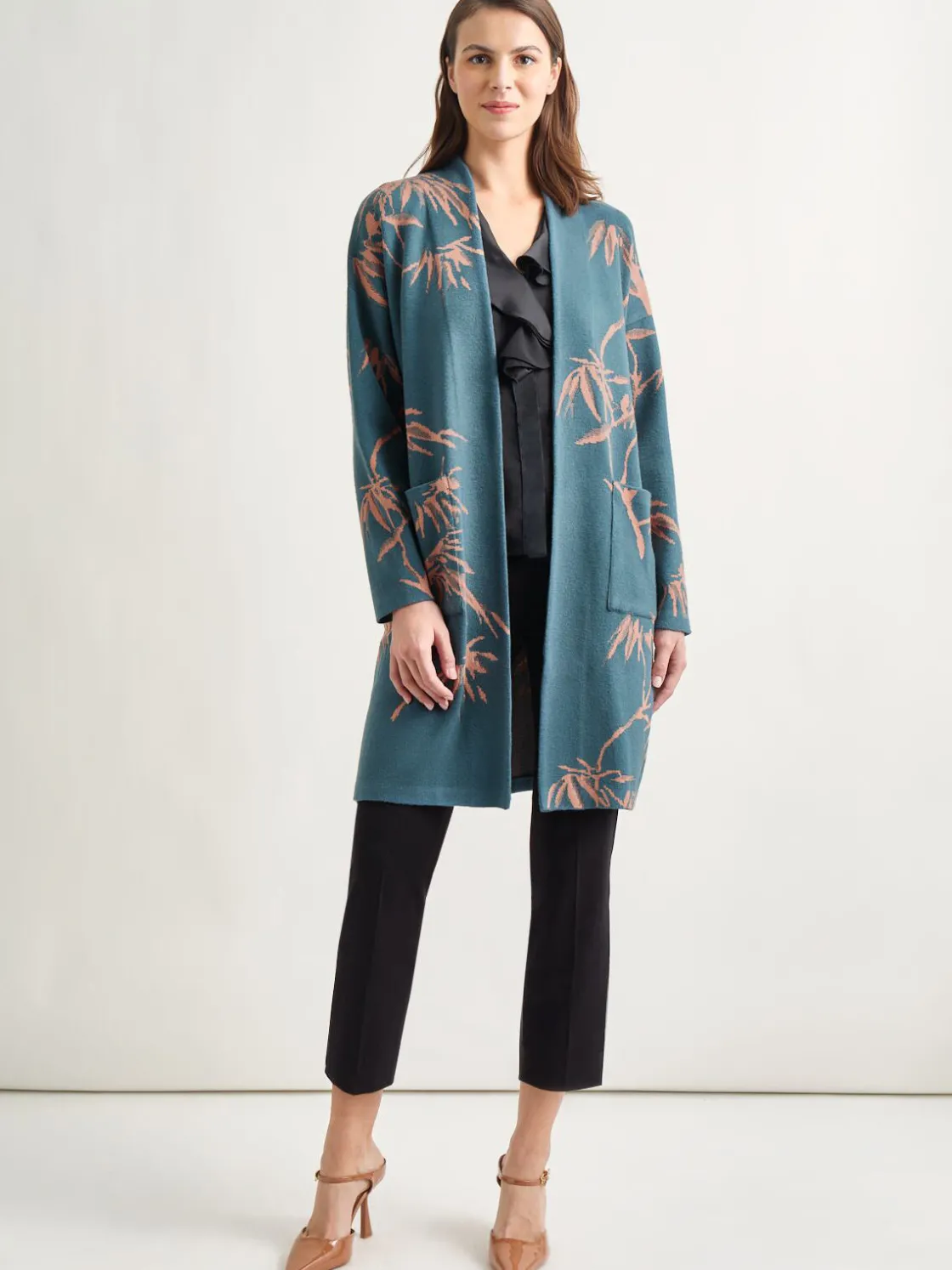 Misook Botanical Print Open Front Long Jacquard Knit Jacket* Jackets & Coats