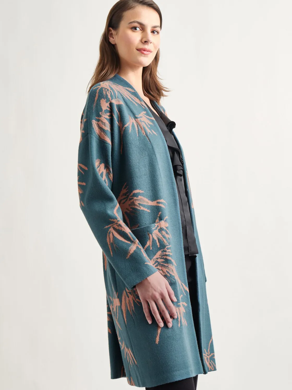 Misook Botanical Print Open Front Long Jacquard Knit Jacket* Jackets & Coats