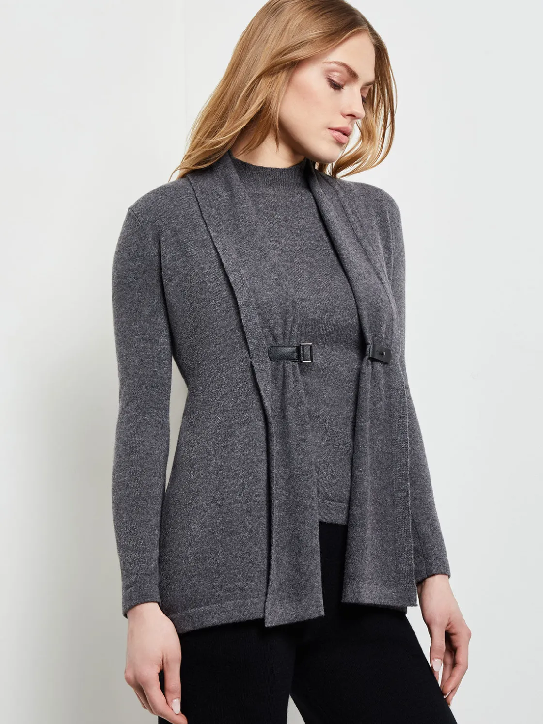 Misook Buckle Detail Shawl Collar Cashmere Cardigan* Jackets & Coats