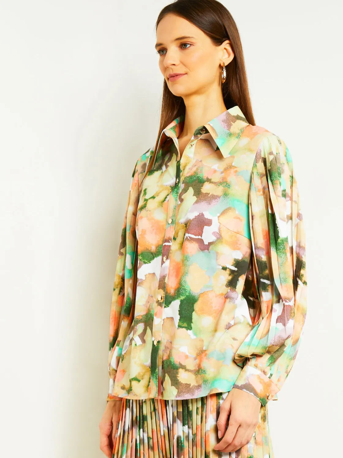 Misook Button Front Blouse - Balloon Sleeve Watercolor Woven* Blouses & Shirts | Tops & Tees