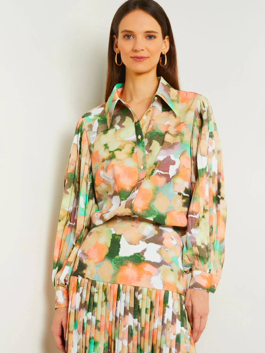 Misook Button Front Blouse - Balloon Sleeve Watercolor Woven* Blouses & Shirts | Tops & Tees