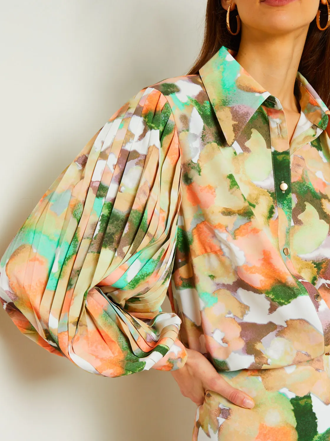 Misook Button Front Blouse - Balloon Sleeve Watercolor Woven* Blouses & Shirts | Tops & Tees