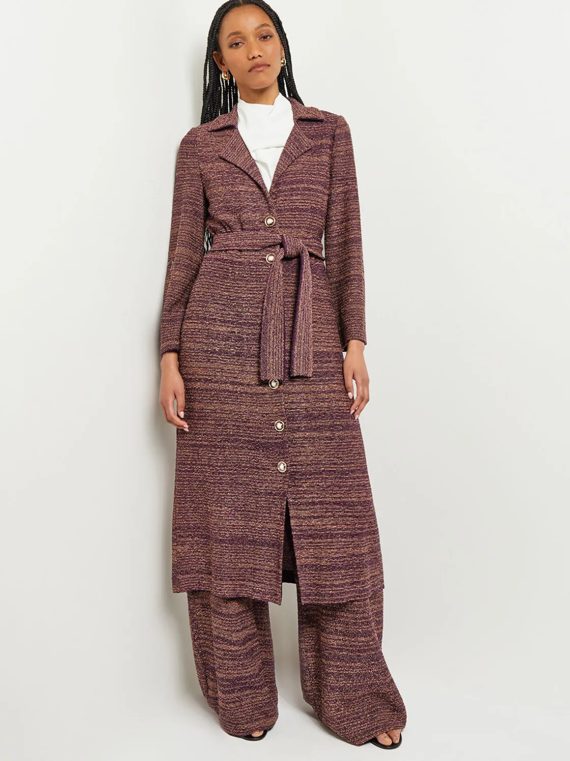 Misook Button Front Duster - Belted Tweed Knit* Jackets & Coats