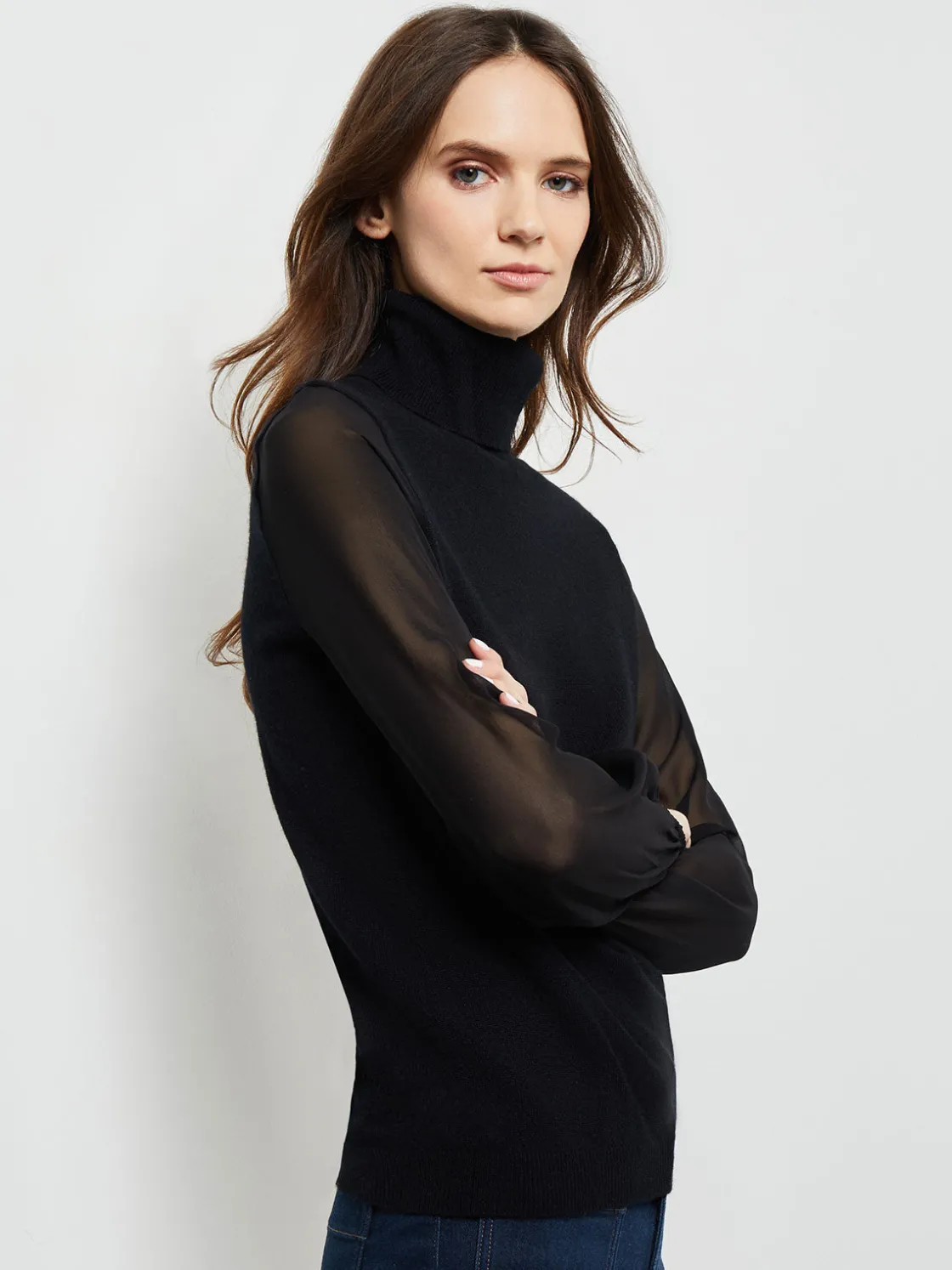 Misook Chiffon Sleeve Cashmere Turtleneck* Tops & Tees