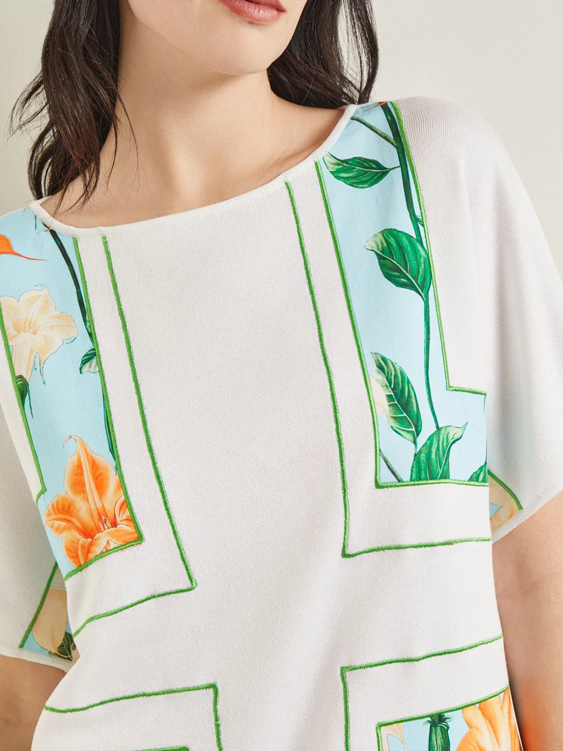 Misook Dolman Sleeve Boat Neck Tunic - Cotton Floral Panel Soft Knit* Tops & Tees