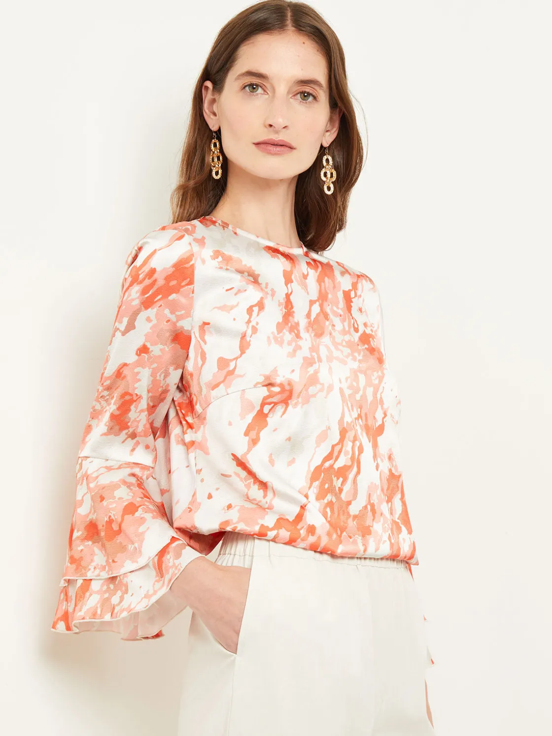 Misook Flounce Sleeve Blouse - Jewel Neck Print Crepe de Chine* Blouses & Shirts | Tops & Tees