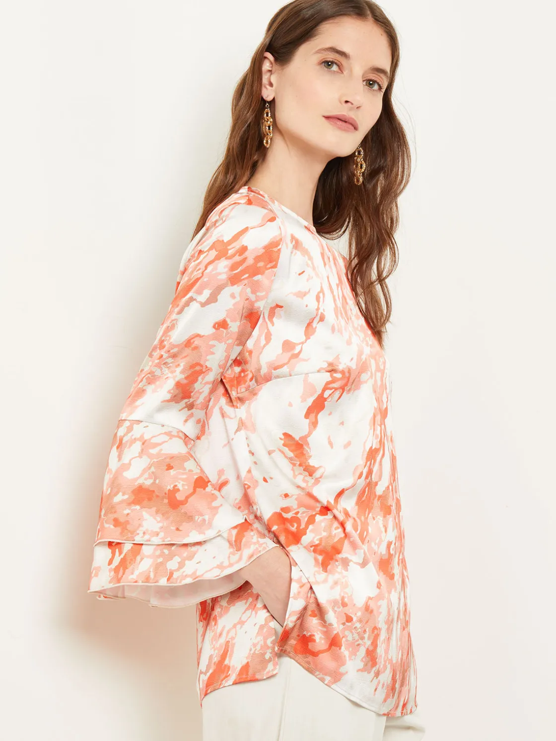 Misook Flounce Sleeve Blouse - Jewel Neck Print Crepe de Chine* Blouses & Shirts | Tops & Tees