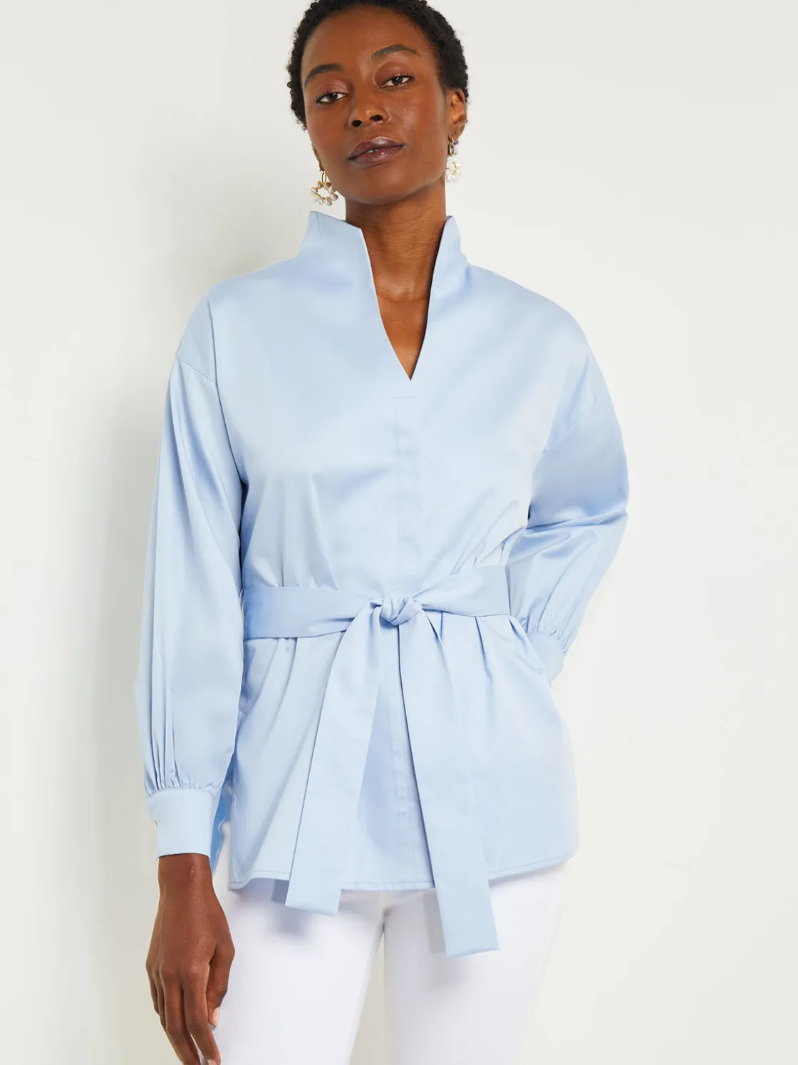 Misook Funnel Neck Belted Cotton Blouse* Blouses & Shirts | Tops & Tees