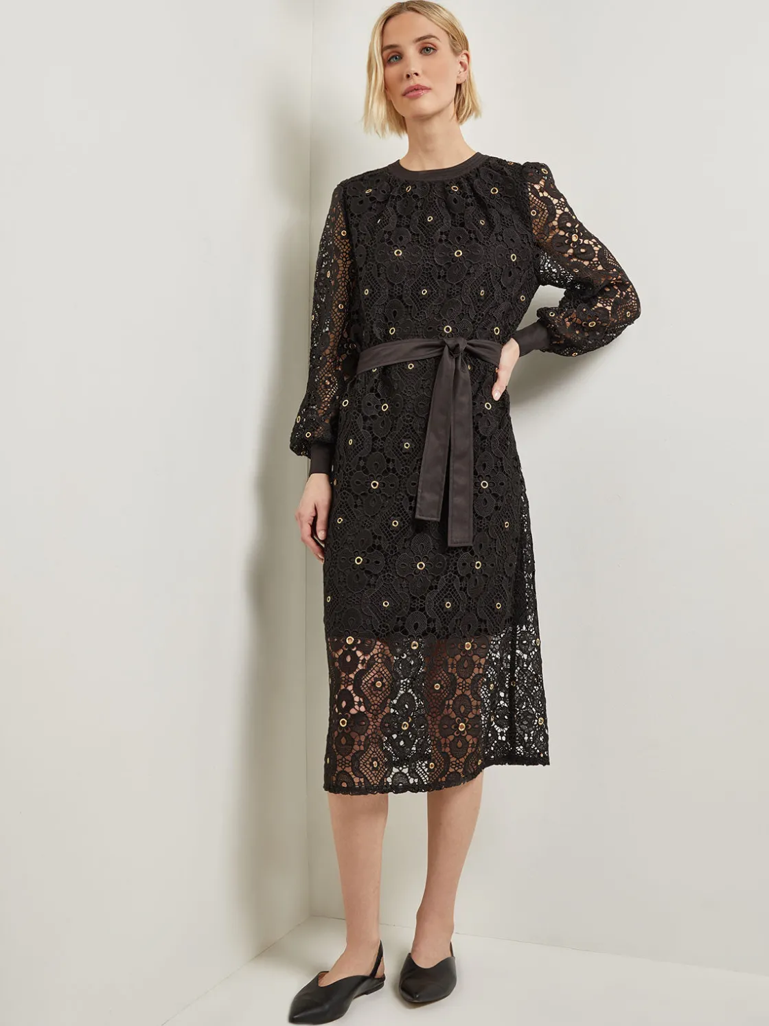 Misook Gold Grommet Laced Shift Midi Dress* Dresses