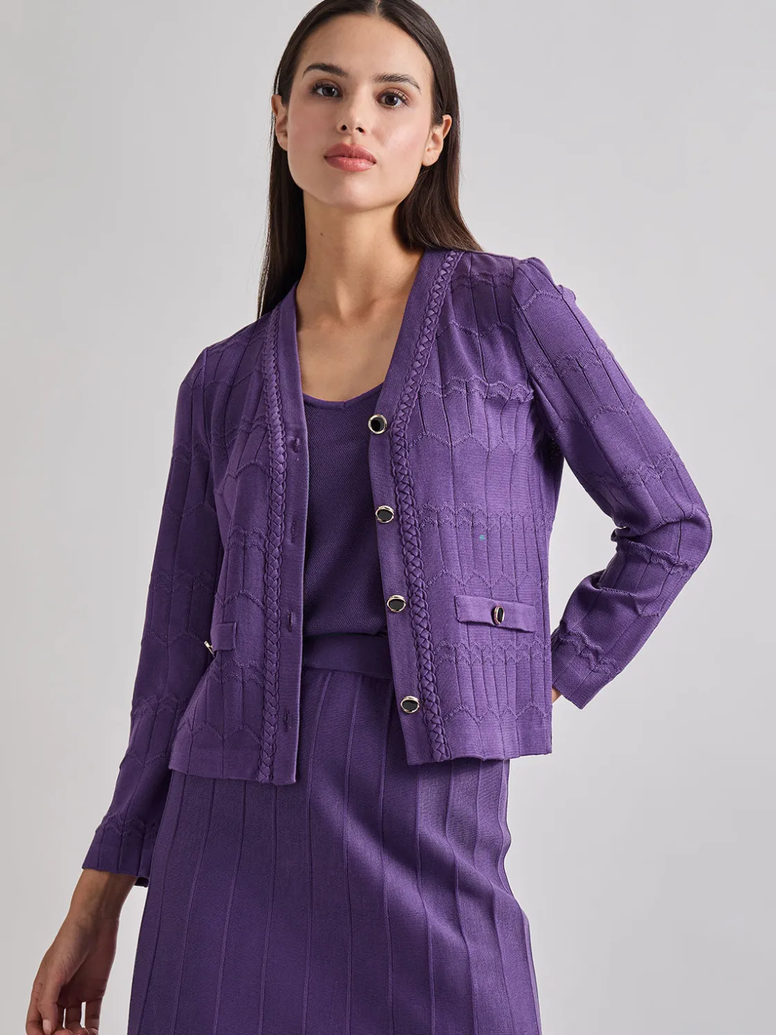 Misook Heritage Fit Braided Trim Tonal Zig-Zag Knit Cardigan* Jackets & Coats