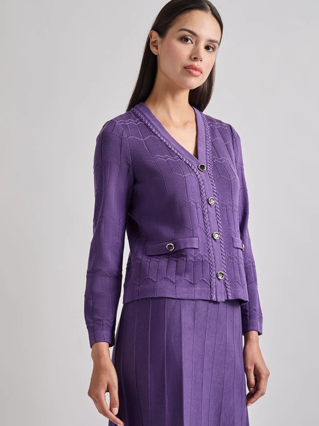 Misook Heritage Fit Braided Trim Tonal Zig-Zag Knit Cardigan* Jackets & Coats