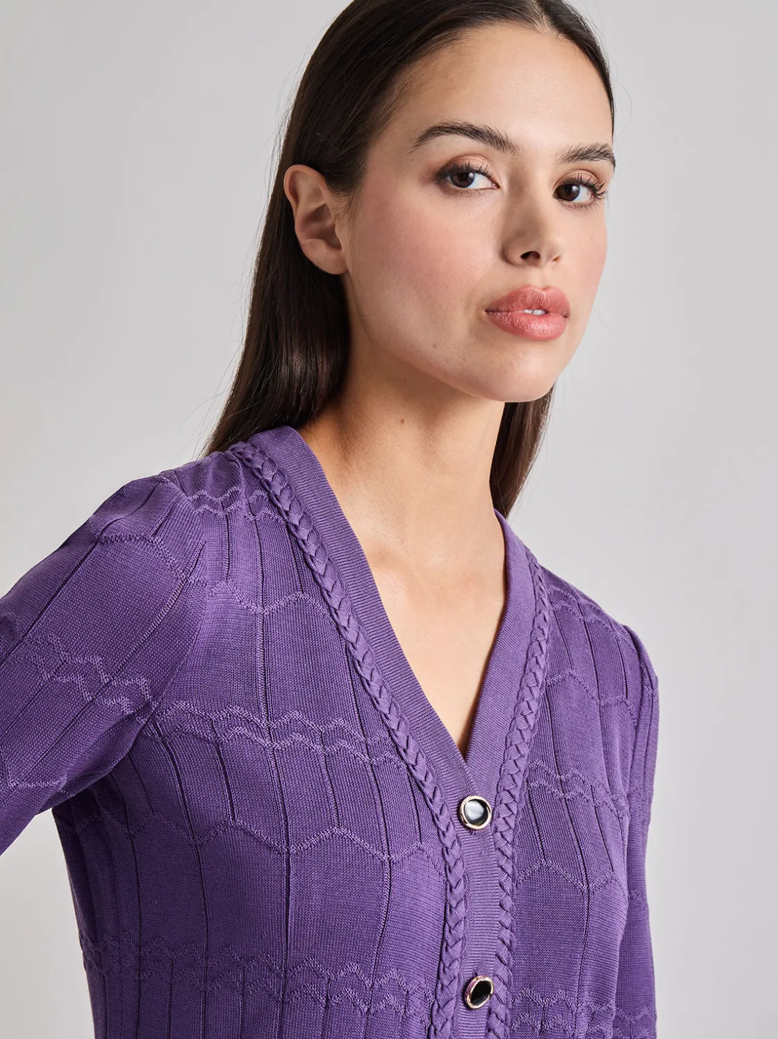 Misook Heritage Fit Braided Trim Tonal Zig-Zag Knit Cardigan* Jackets & Coats