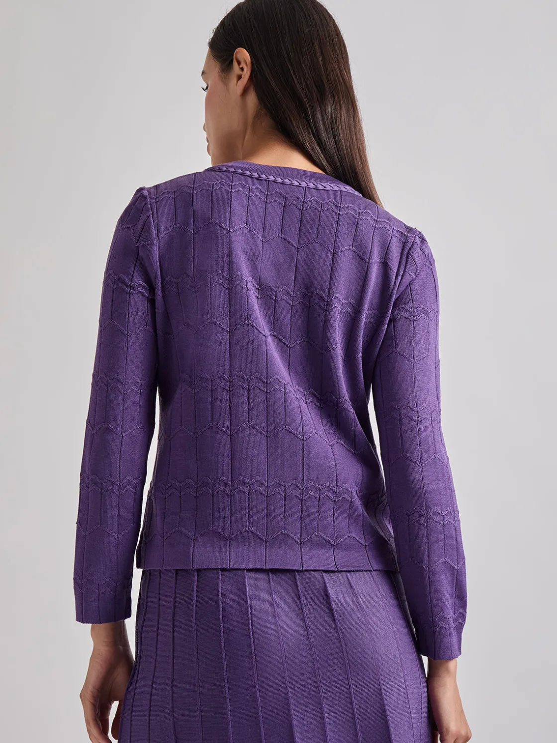 Misook Heritage Fit Braided Trim Tonal Zig-Zag Knit Cardigan* Jackets & Coats