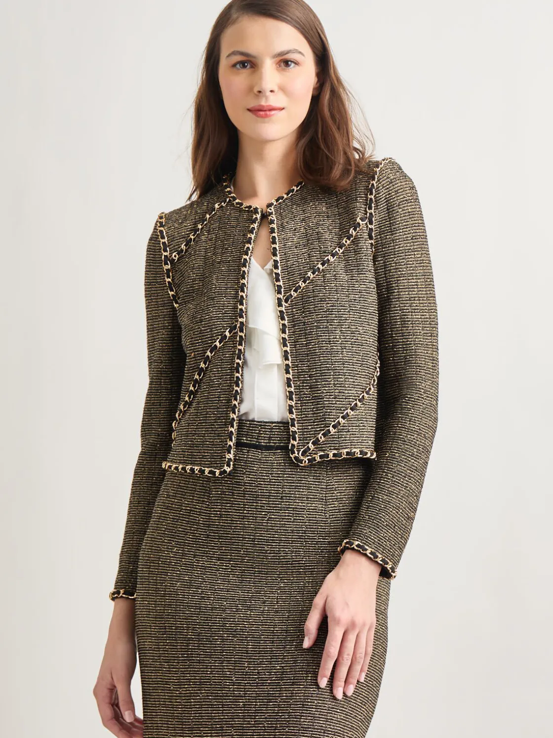 Misook Heritage Fit Curbed Chain Trim Lurex Knit Jacket* Jackets & Coats