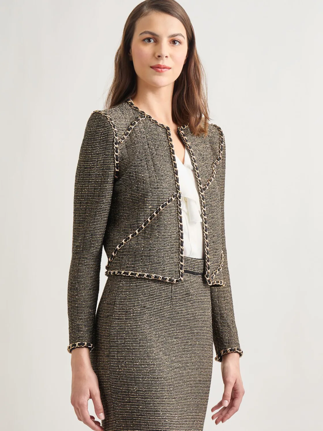 Misook Heritage Fit Curbed Chain Trim Lurex Knit Jacket* Jackets & Coats