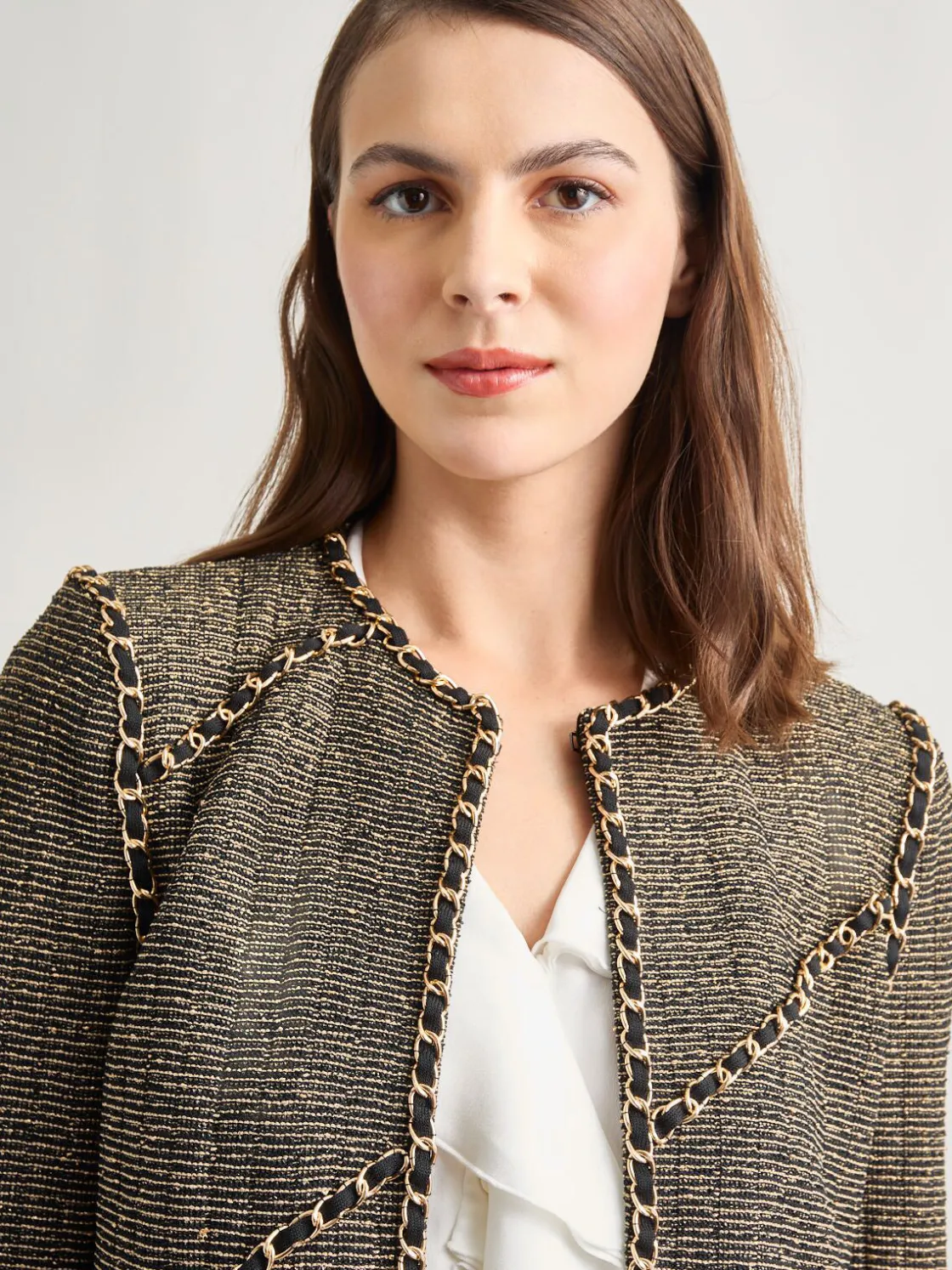 Misook Heritage Fit Curbed Chain Trim Lurex Knit Jacket* Jackets & Coats