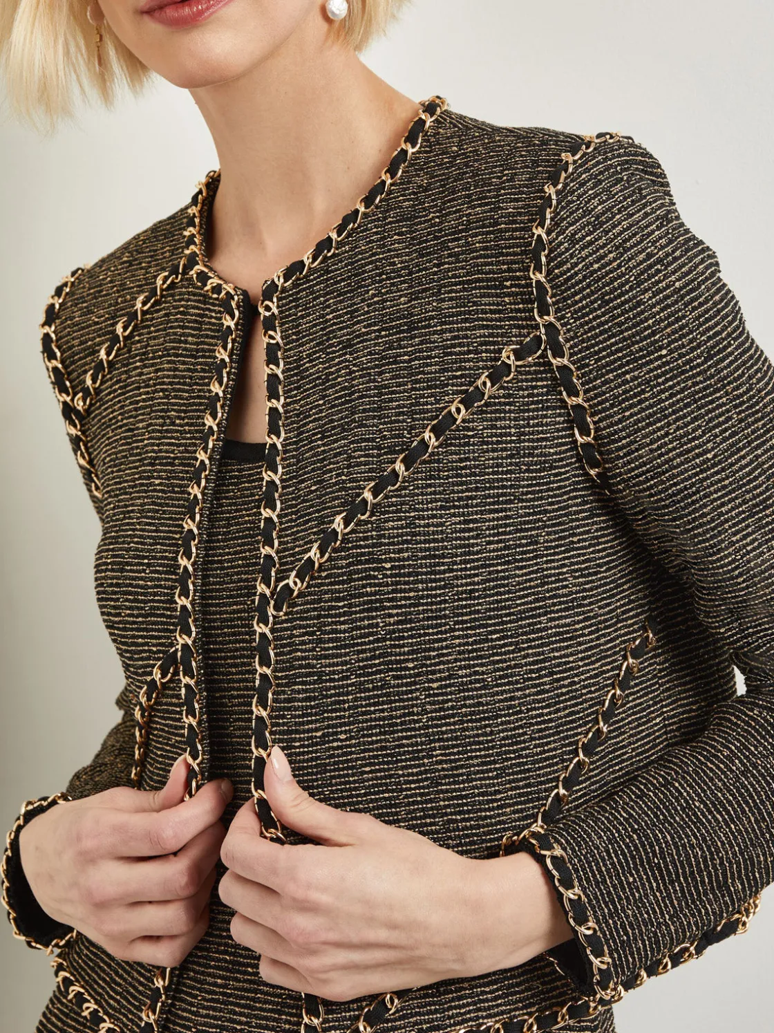 Misook Heritage Fit Curbed Chain Trim Lurex Knit Jacket* Jackets & Coats