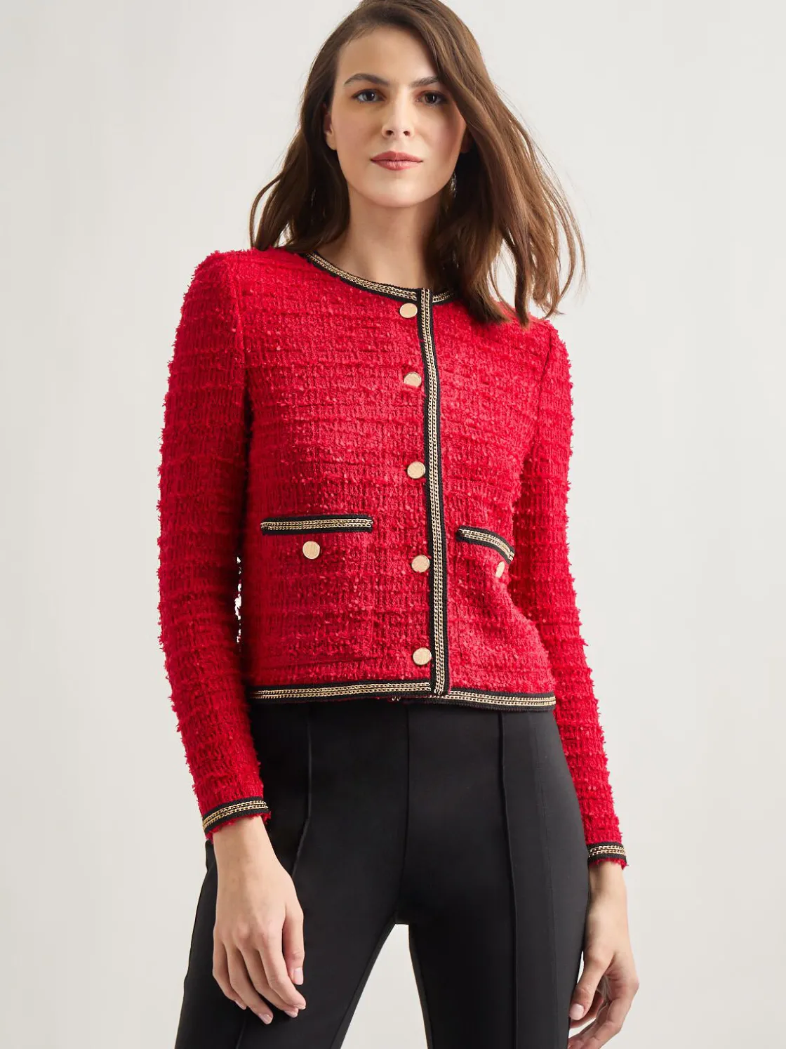 Misook Heritage Fit Double Chain Trim Eyelash Knit Jacket* Jackets & Coats