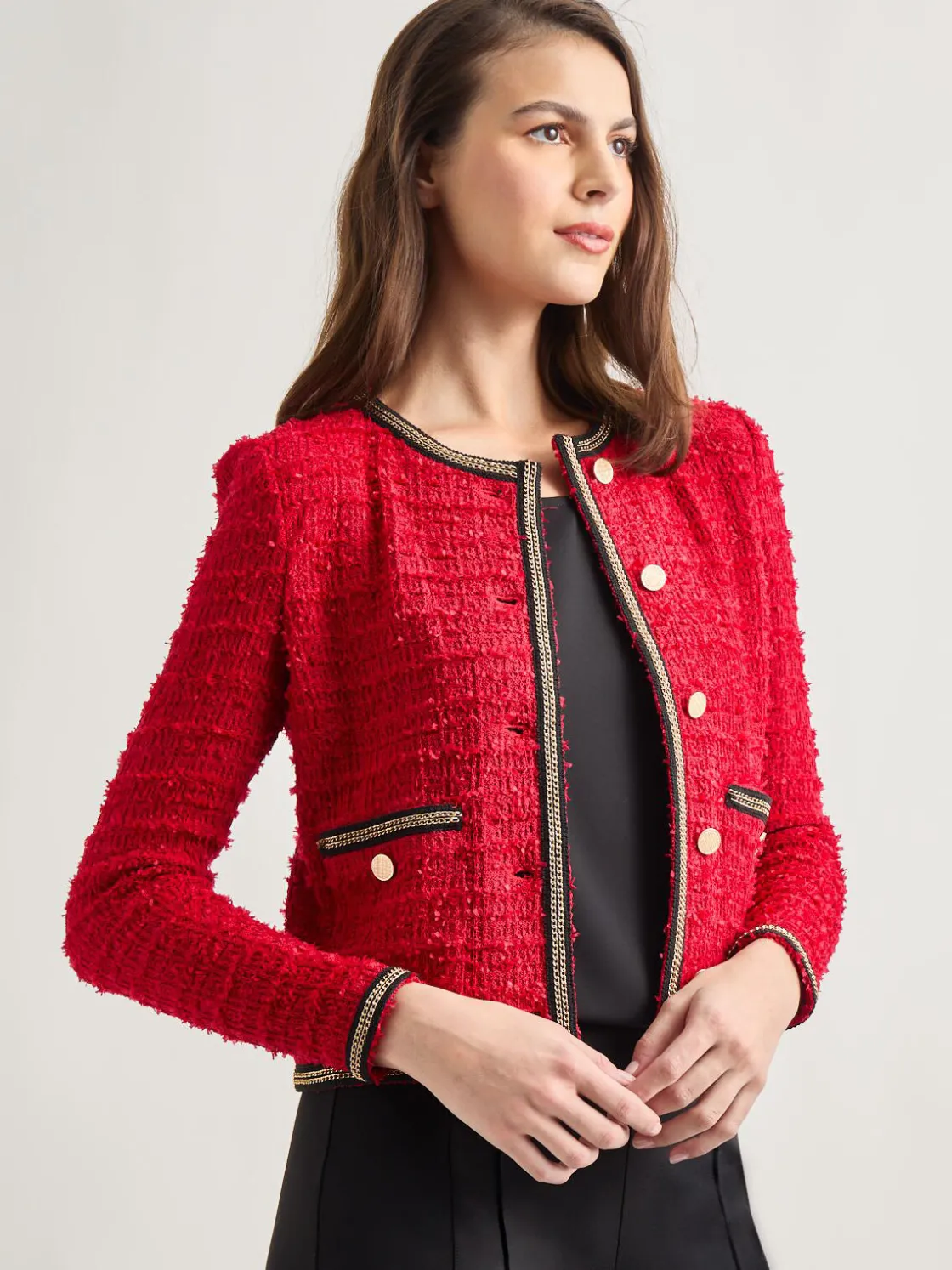 Misook Heritage Fit Double Chain Trim Eyelash Knit Jacket* Jackets & Coats