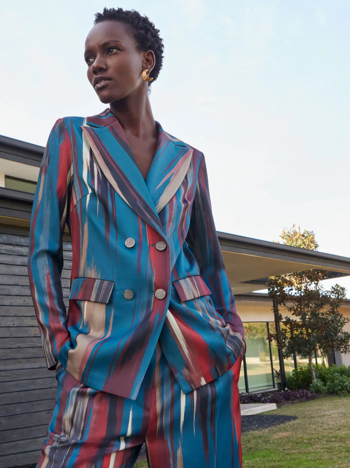 Misook Heritage Fit Double-Breasted Brushstroke Woven Blazer* Jackets & Coats