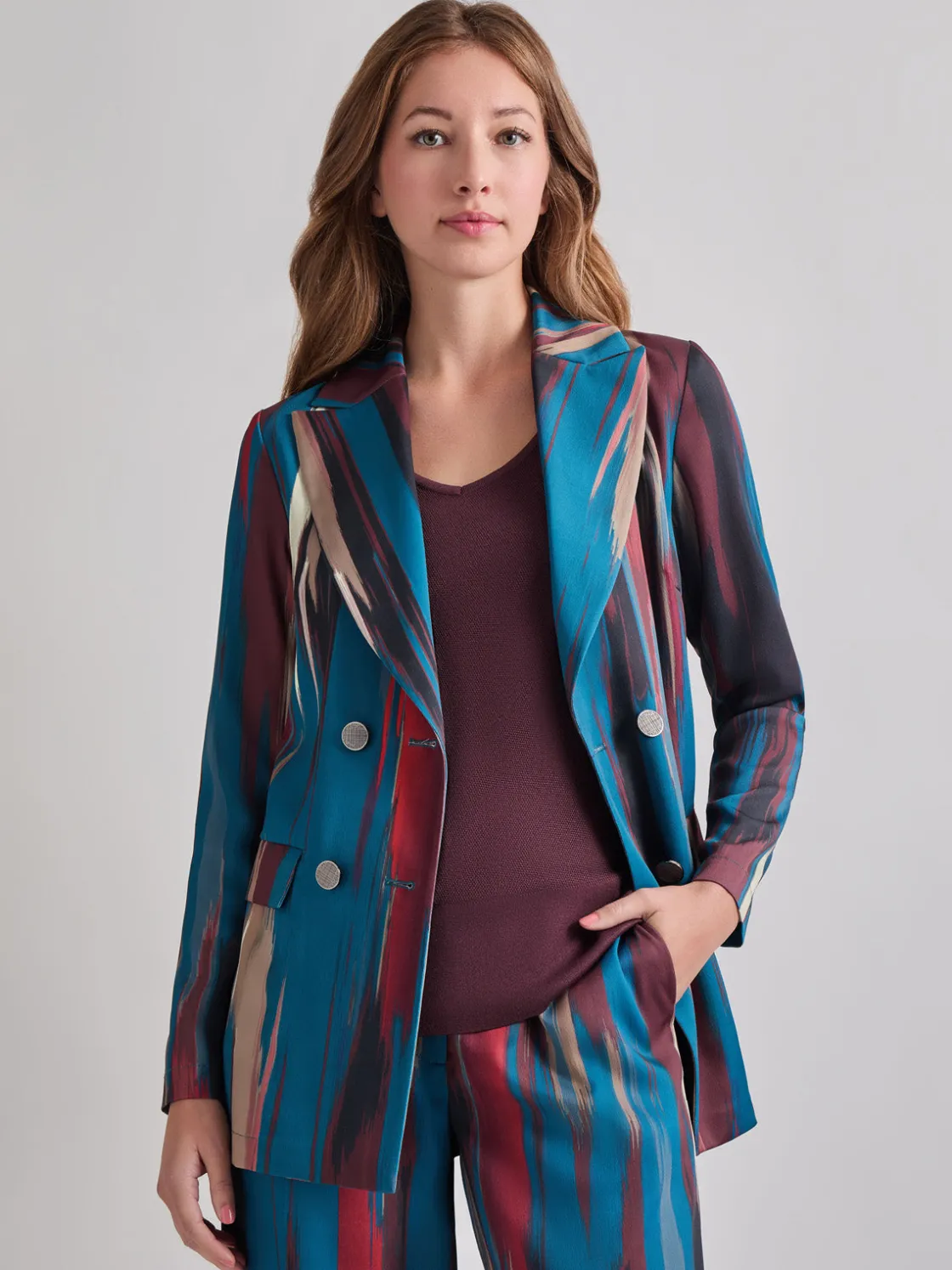 Misook Heritage Fit Double-Breasted Brushstroke Woven Blazer* Jackets & Coats