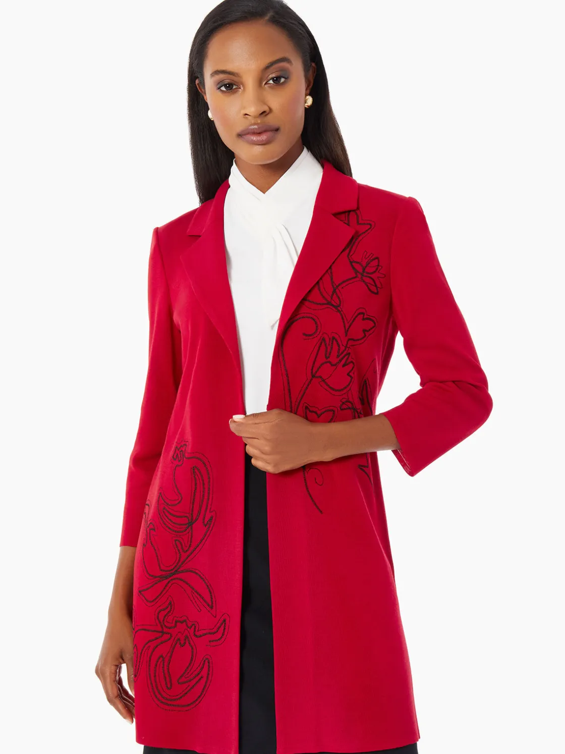 Misook Heritage Fit Floral Embroidery Long Knit Jacket* Jackets & Coats