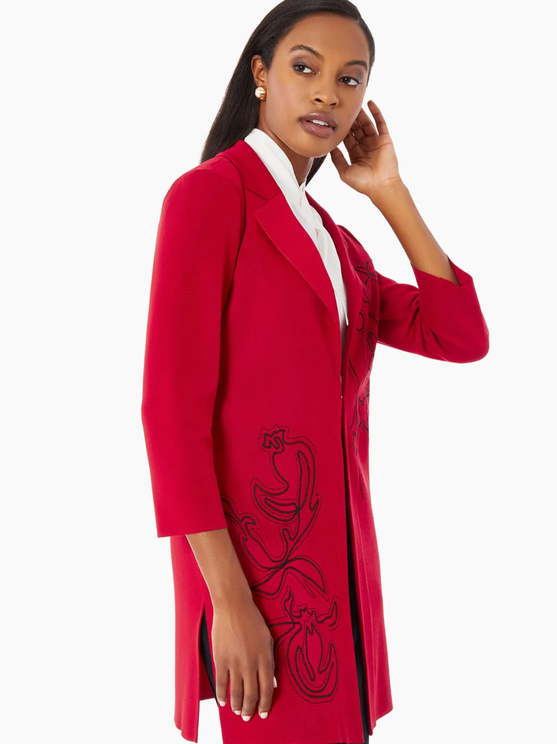 Misook Heritage Fit Floral Embroidery Long Knit Jacket* Jackets & Coats