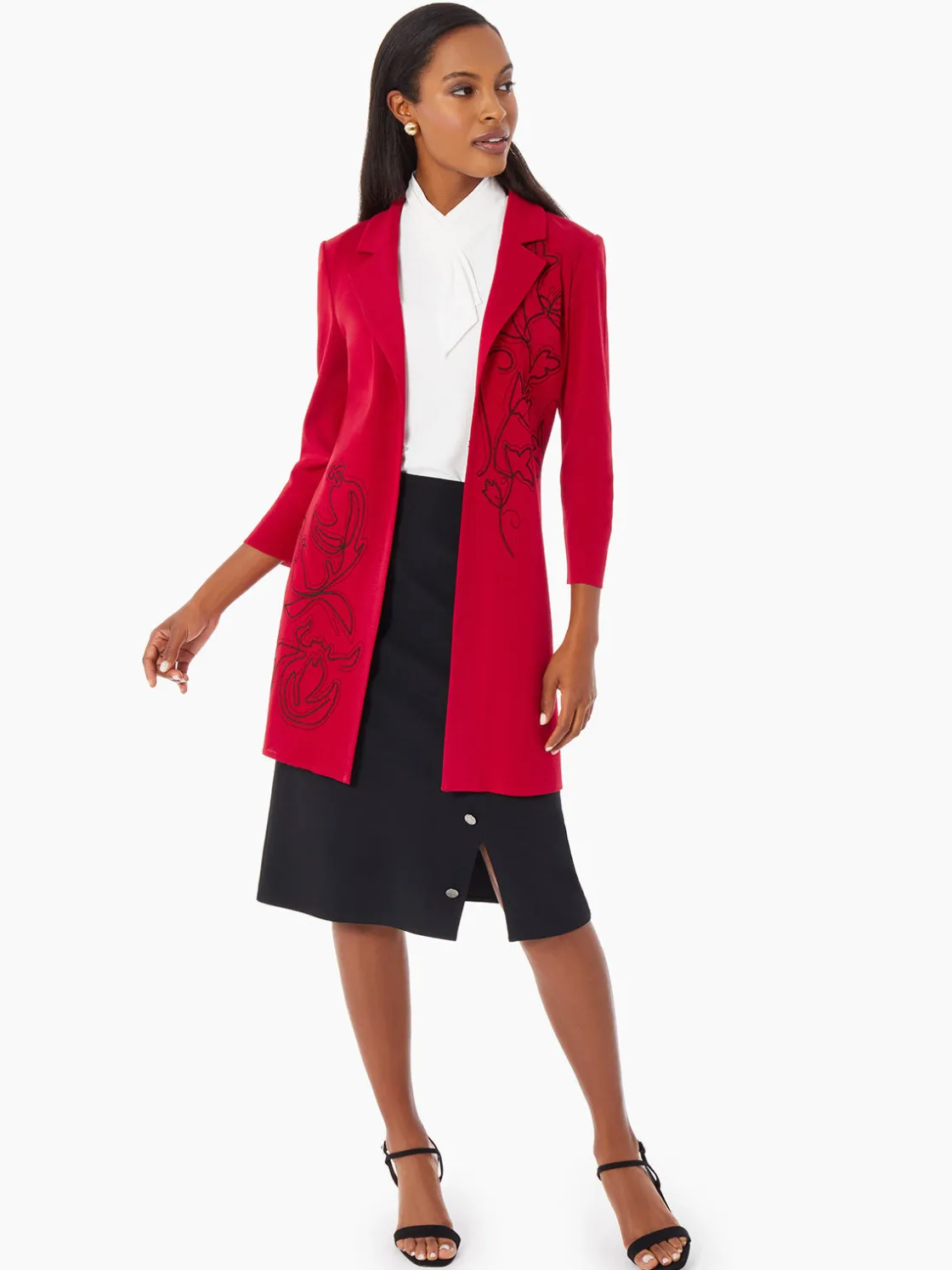 Misook Heritage Fit Floral Embroidery Long Knit Jacket* Jackets & Coats