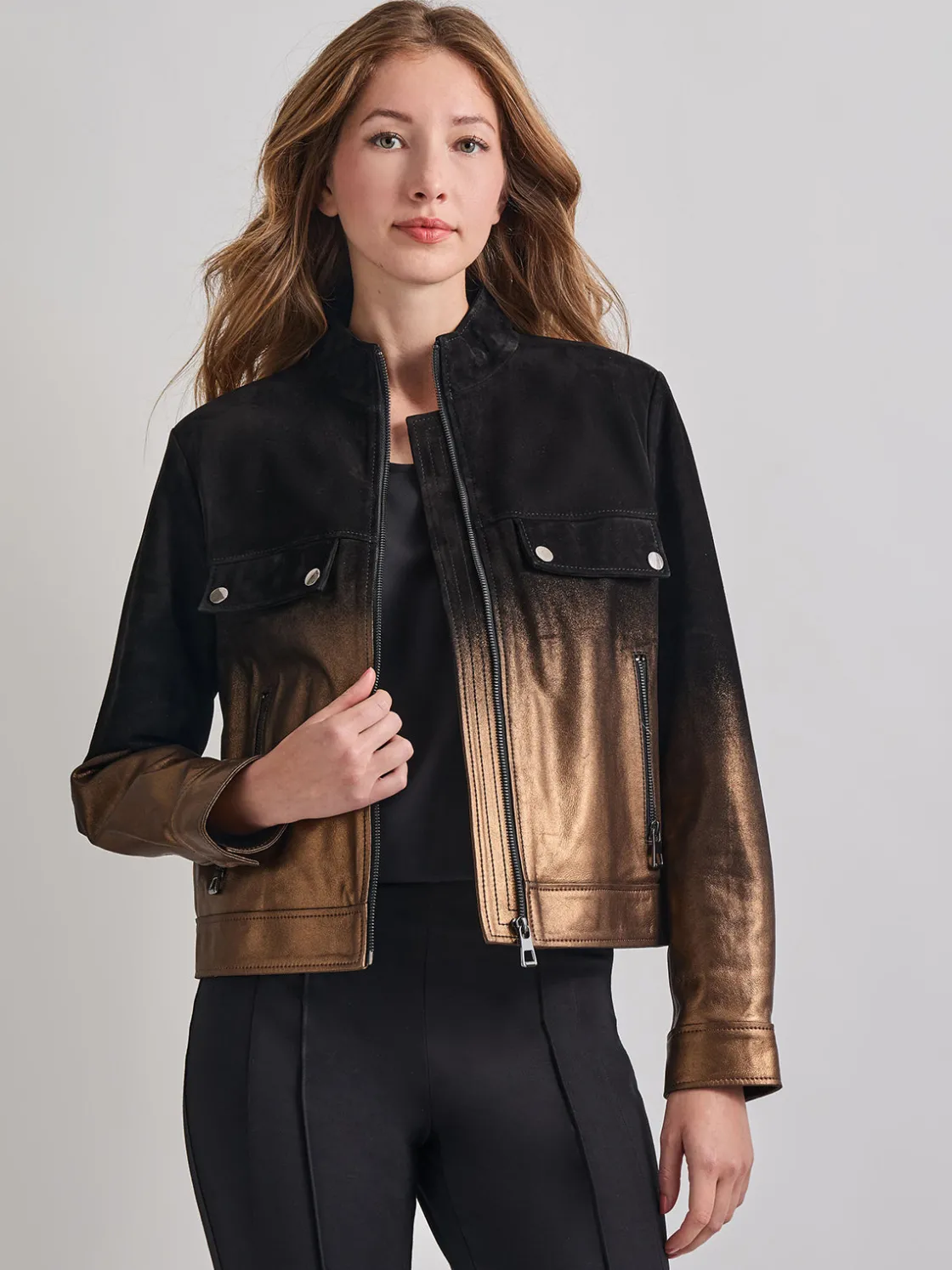 Misook Heritage Fit Gold Ombre Suede Leather Trucker Jacket* Jackets & Coats