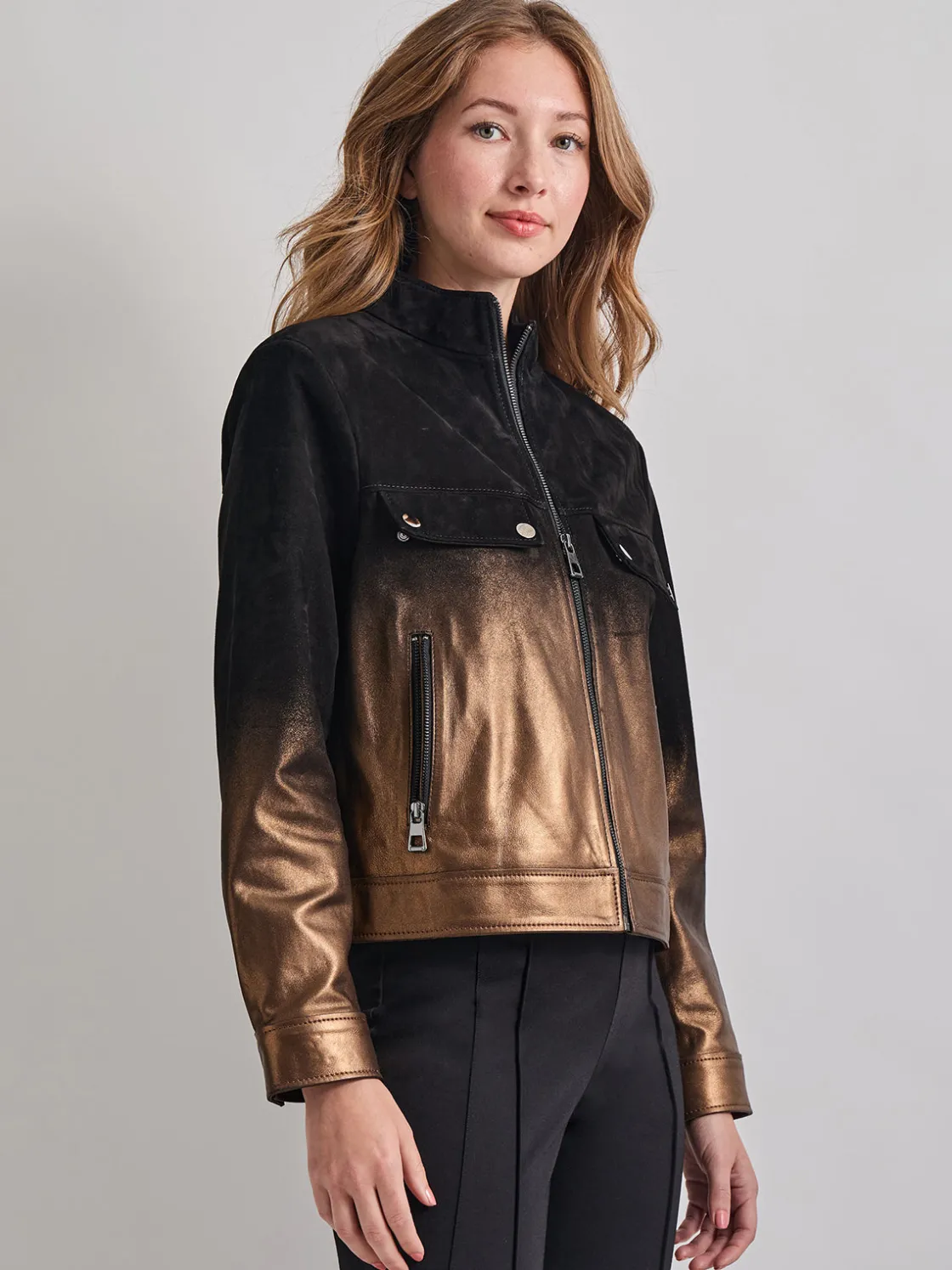 Misook Heritage Fit Gold Ombre Suede Leather Trucker Jacket* Jackets & Coats