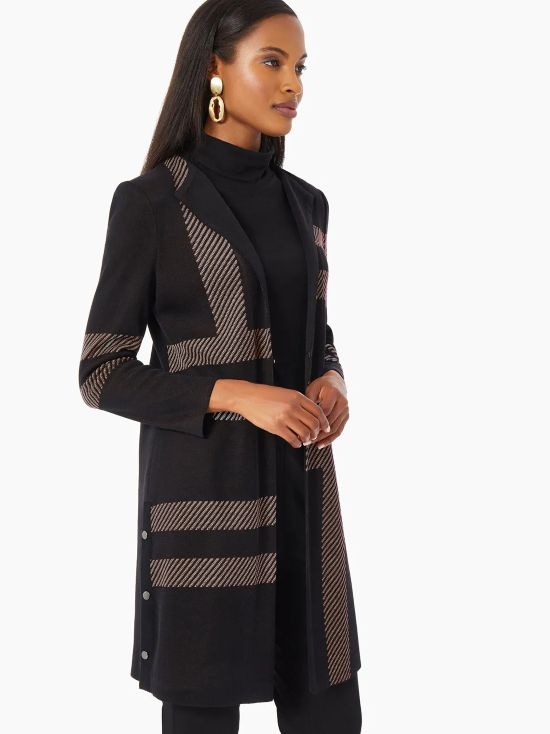 Misook Heritage Fit Side Button Detail Graphic Pattern Knit Duster* Jackets & Coats