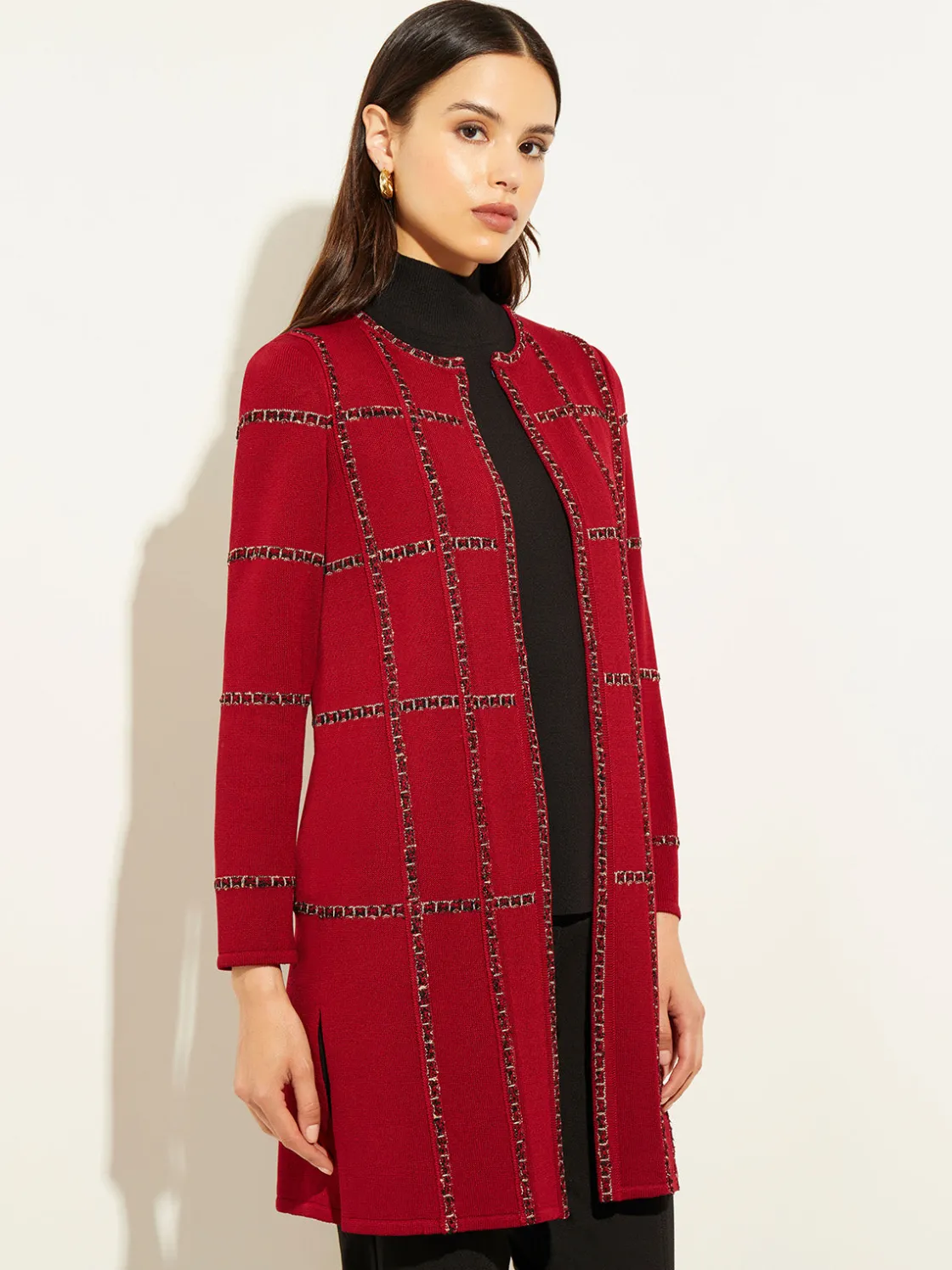 Misook Heritage Fit Tweed Trim Windowpane Knit Duster* Jackets & Coats