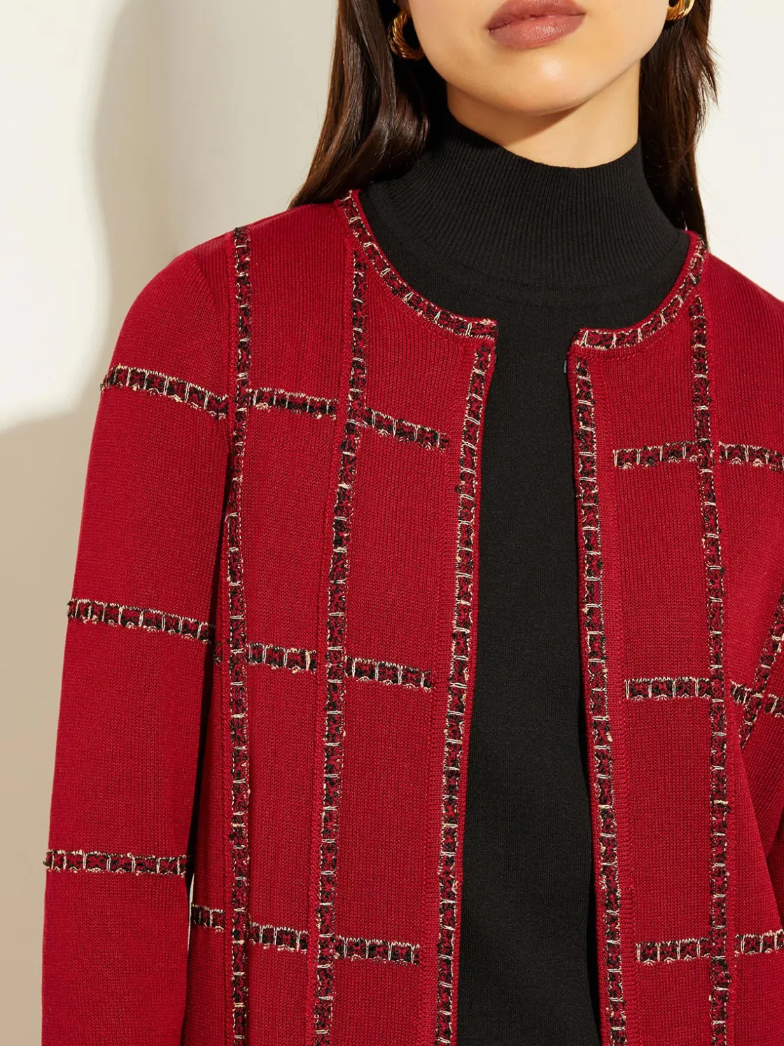 Misook Heritage Fit Tweed Trim Windowpane Knit Duster* Jackets & Coats