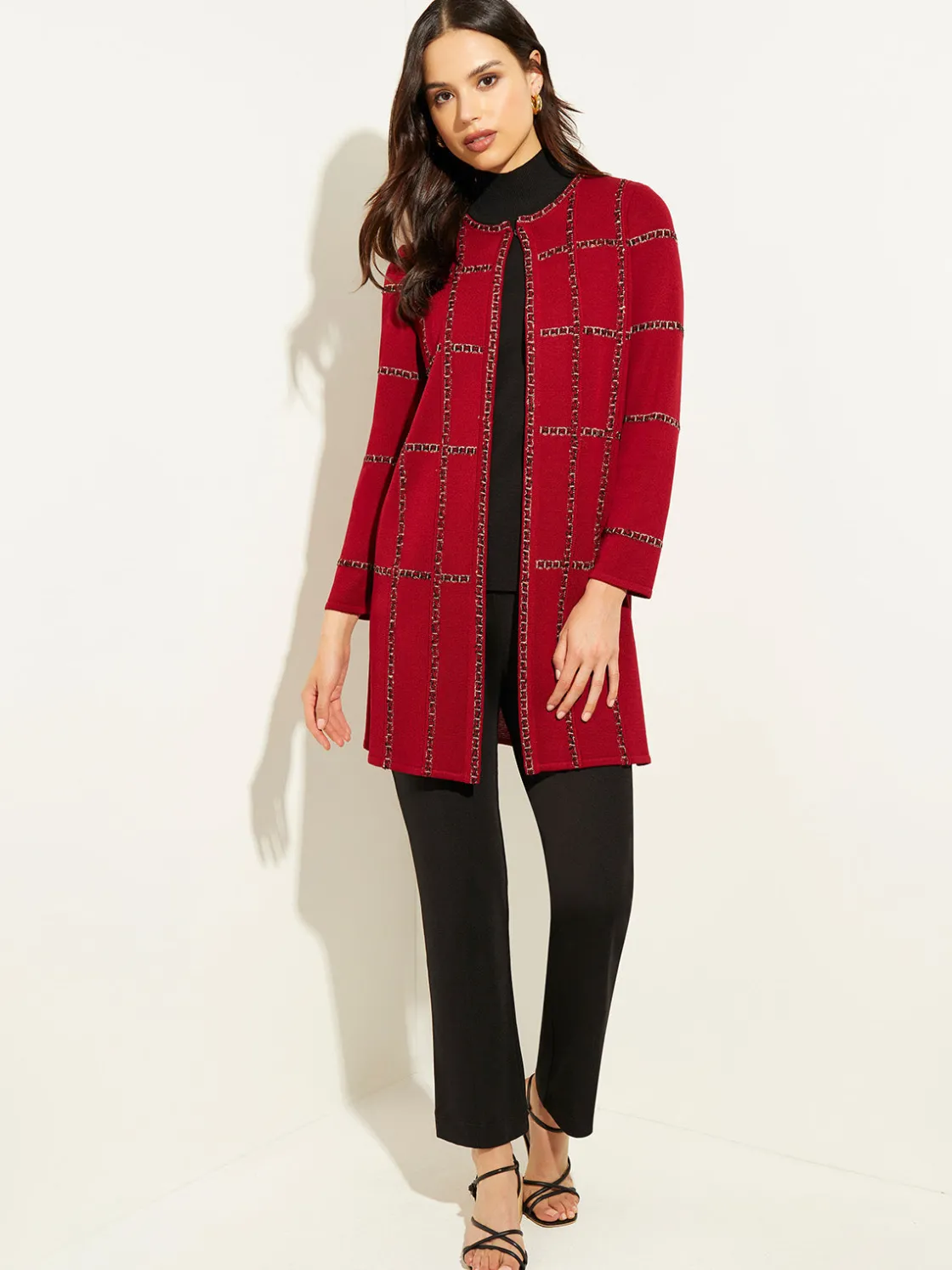 Misook Heritage Fit Tweed Trim Windowpane Knit Duster* Jackets & Coats