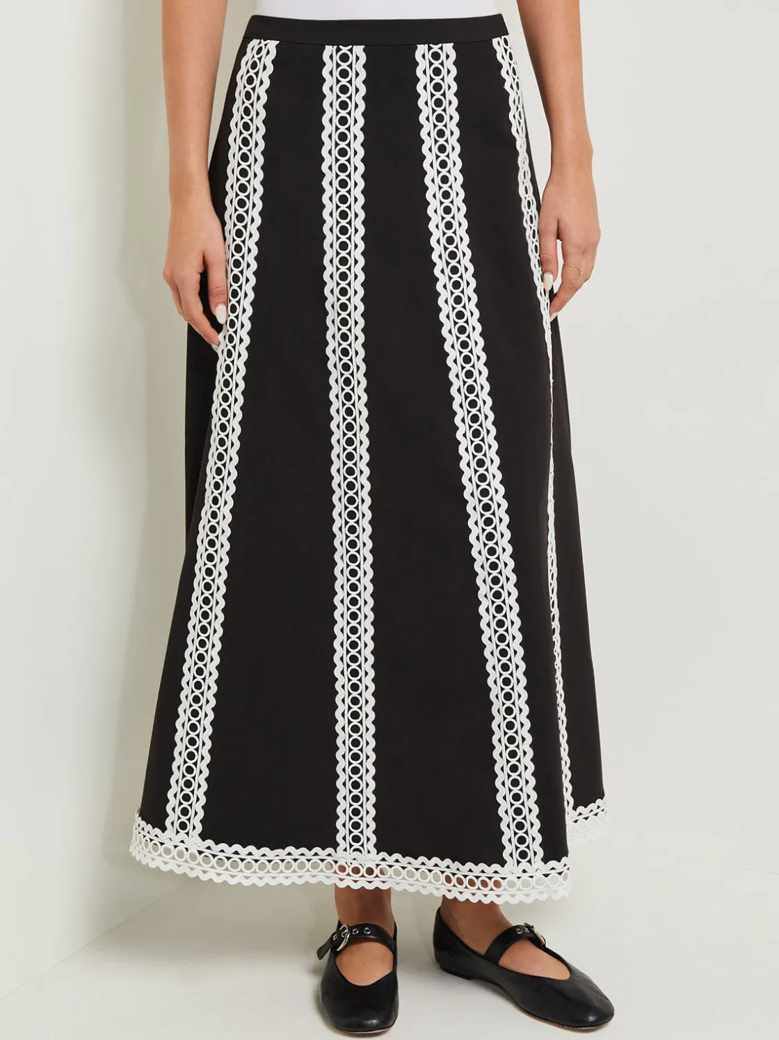 Misook Maxi A-Line Skirt - Eyelet Trim Woven Twill* Skirts