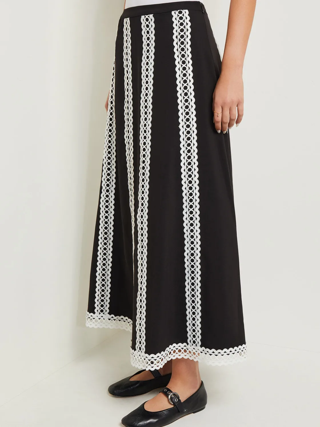 Misook Maxi A-Line Skirt - Eyelet Trim Woven Twill* Skirts