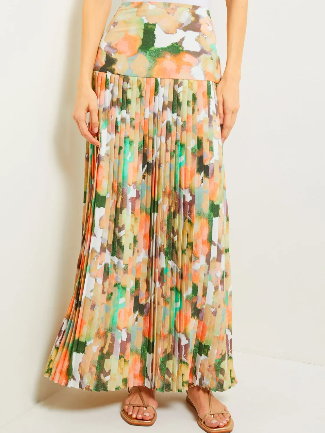 Misook Maxi Drop Waist Skirt - Pleated Watercolor Woven* Skirts