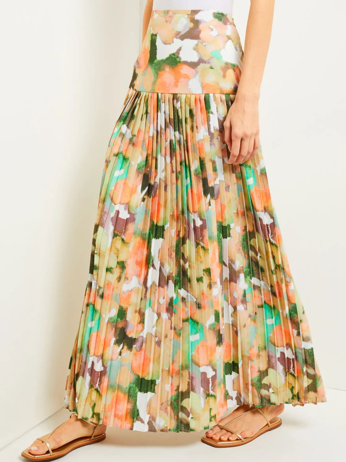 Misook Maxi Drop Waist Skirt - Pleated Watercolor Woven* Skirts