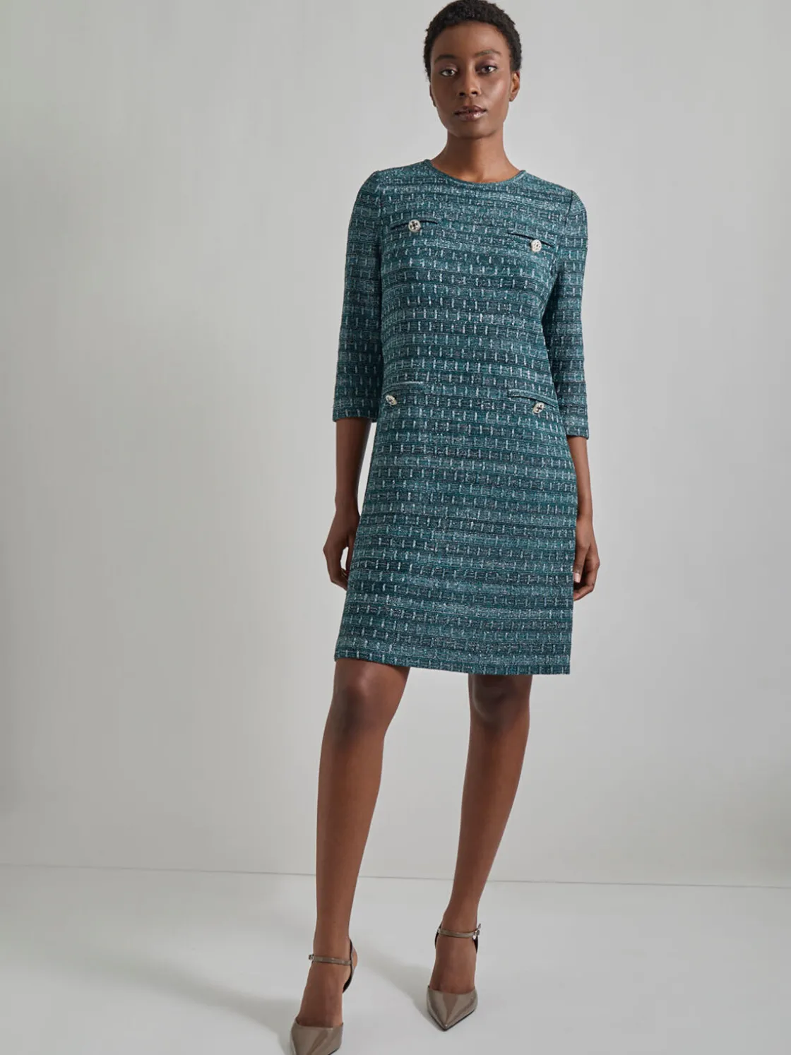 Misook Metallic Accent Tweed Knit Shift Dress* Dresses