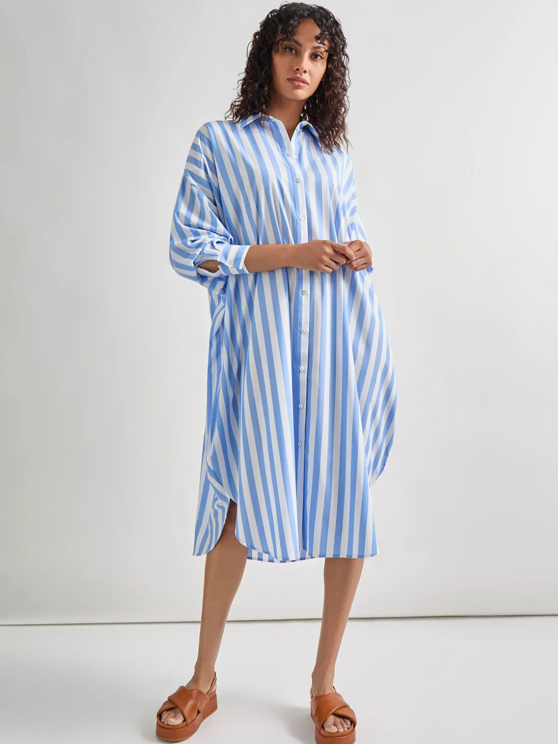 Misook Midi Oversized Shirtdress - Striped Woven* Dresses