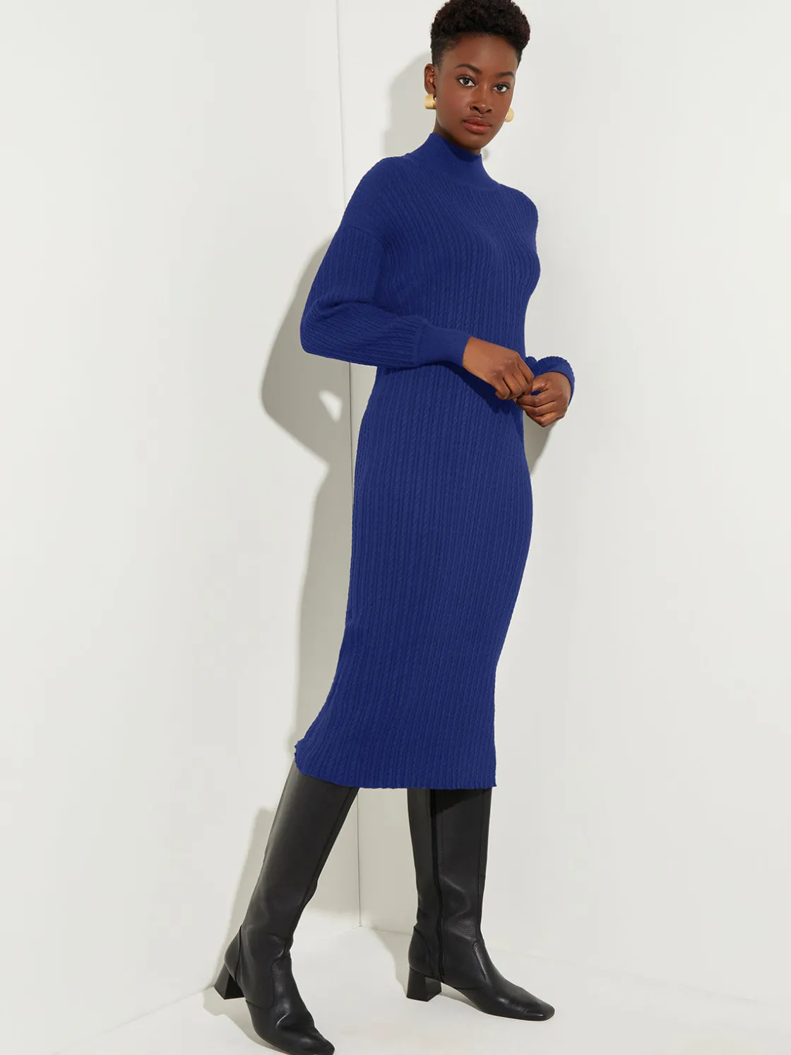 Misook Mock Neck Soft Cable Knit Sweater Dress* Dresses