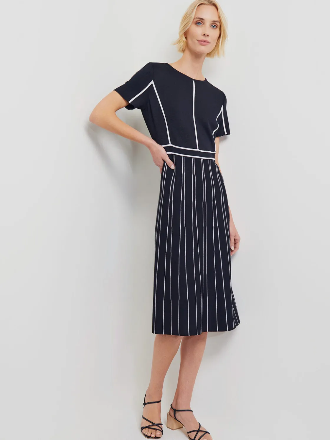 Misook Modern Fit Contrast Stripe A-Line Soft Knit Dress* Dresses